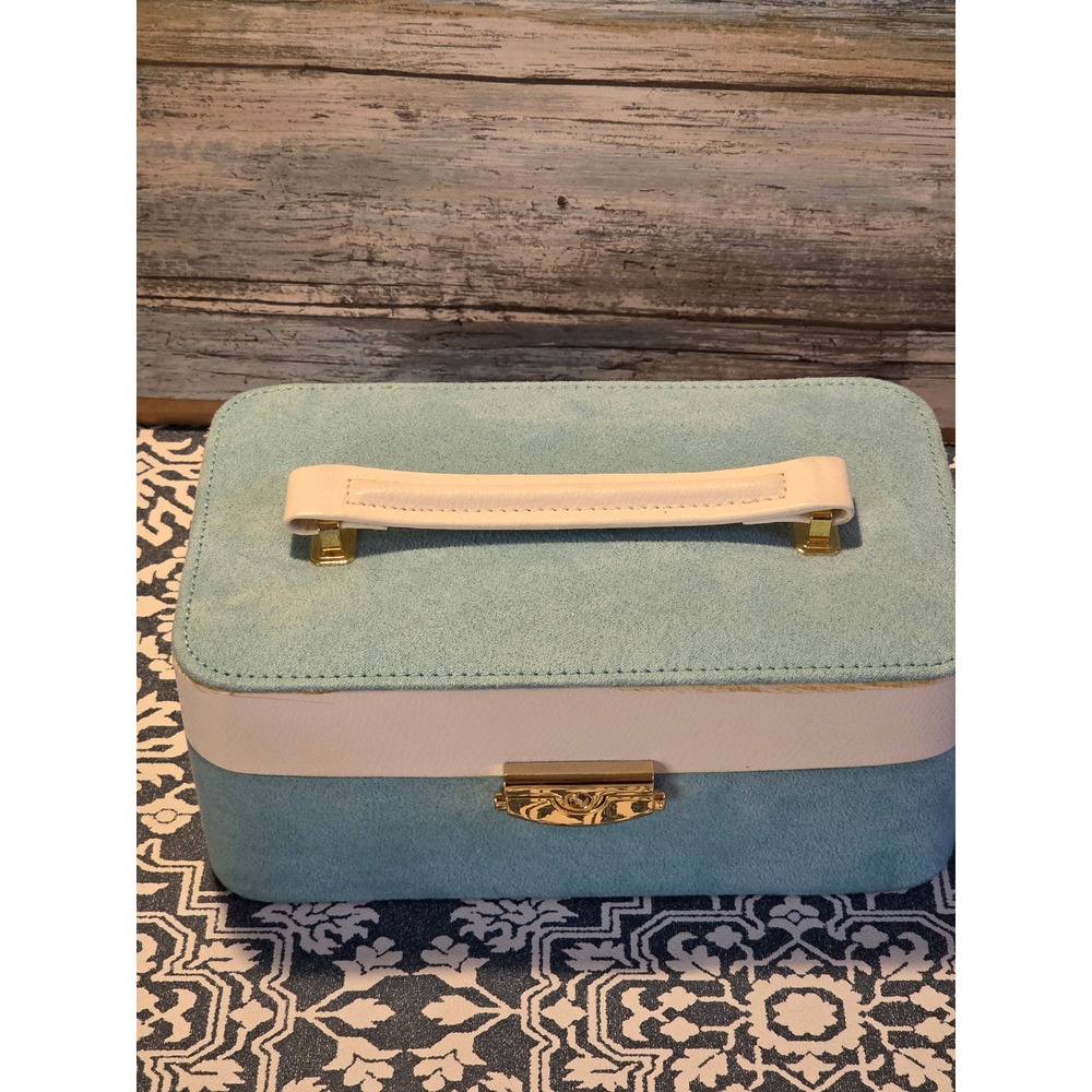 Jewelry Box Organizer Storage Case Teal Suede Faux Leather Mirror Handle Lock - Picture 2 of 12